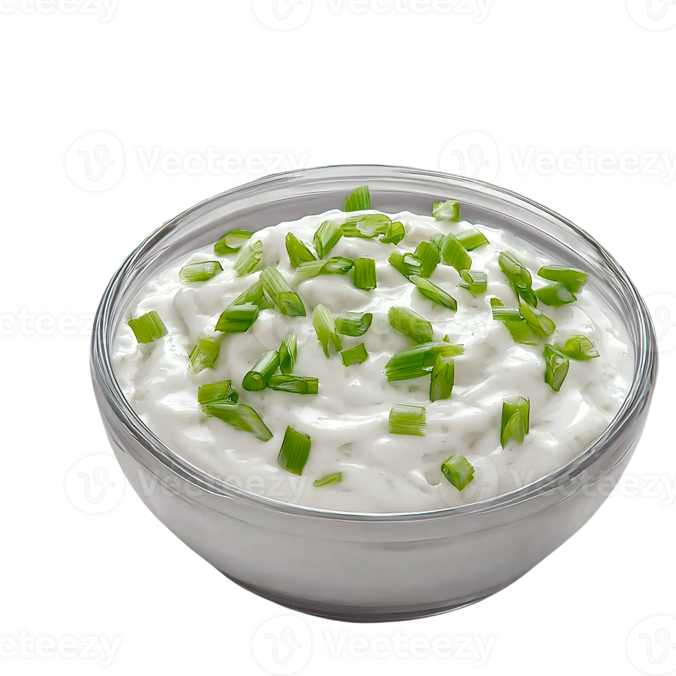 sour cream with chives in glass bowl on transparent background png