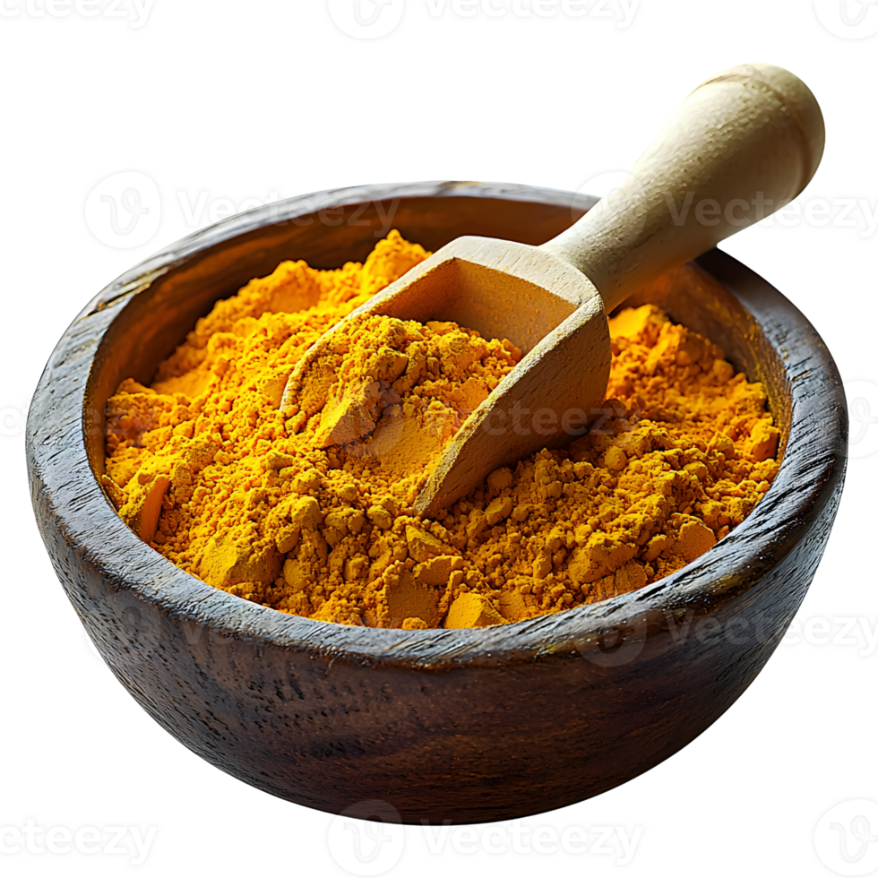 turmeric powder in wooden bowl with scoop png