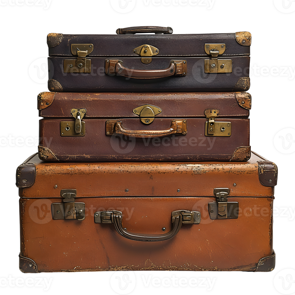 stacked vintage suitcases on transparent background png