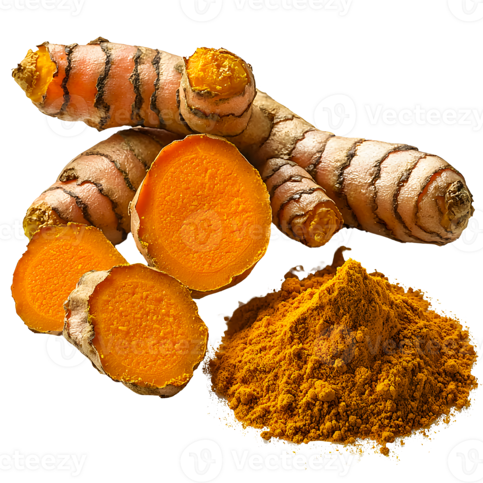 turmeric rhizome and powder isolated on transparent background png