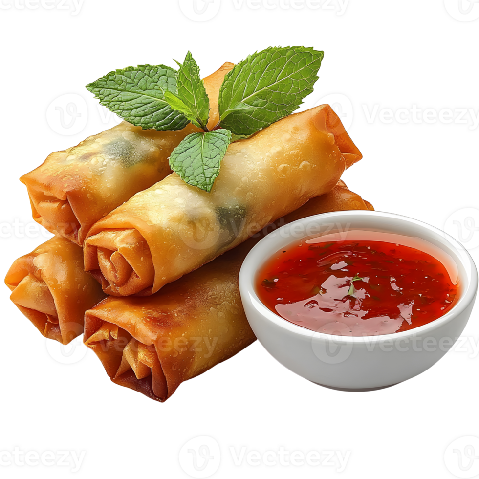 crispy spring rolls with sweet chili sauce on transparent background png