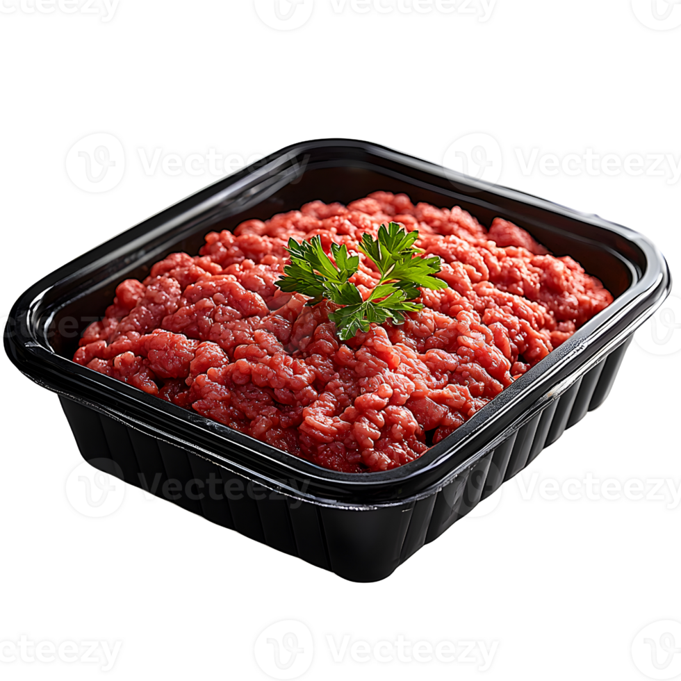 ground beef in black tray with parsley on transparent background. png