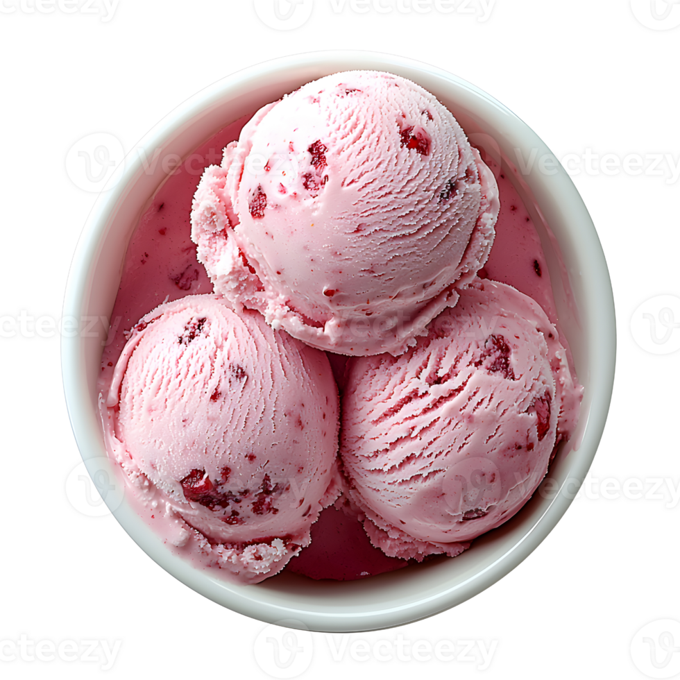 strawberry ice cream scoops in a bowl on transparent background png