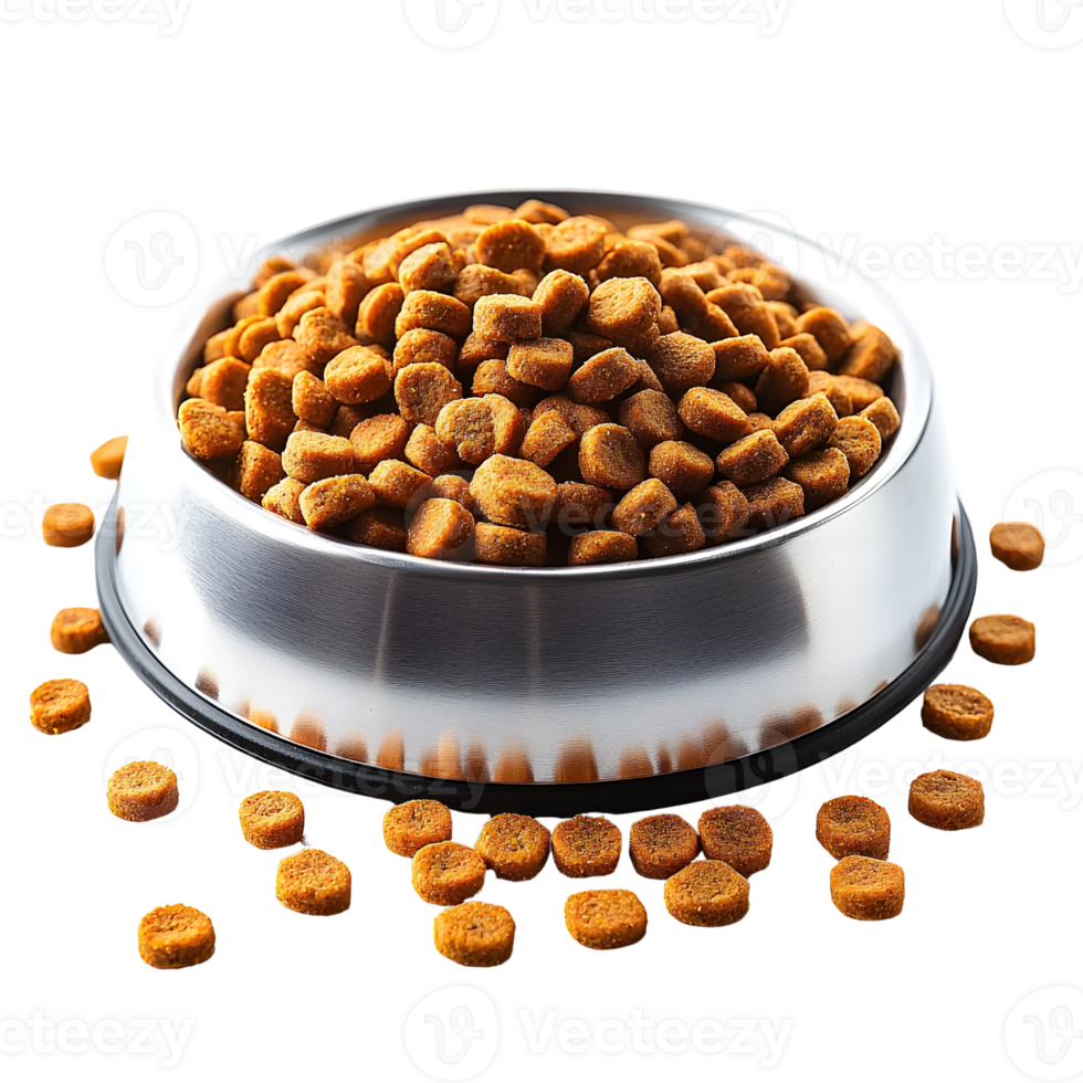 dog food in stainless steel bowl on transparent background. png