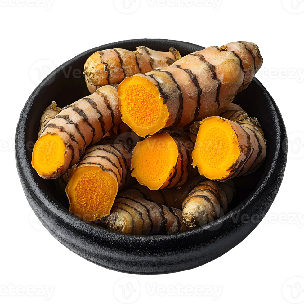 turmeric roots in black bowl on transparent background. png
