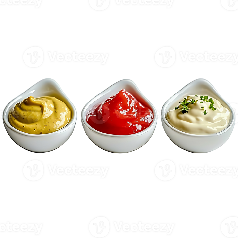 assorted condiments in white bowls isolated on black png