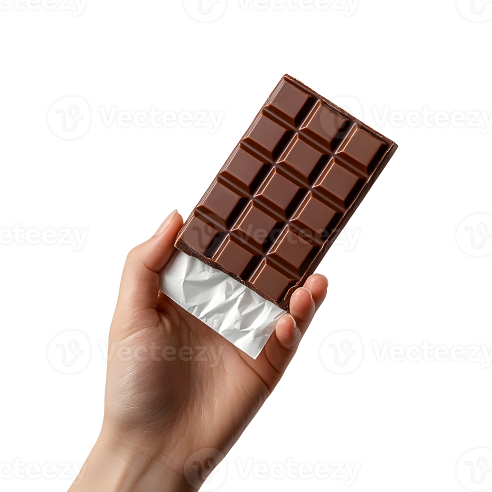 chocolate bar in hand on transparent background. png