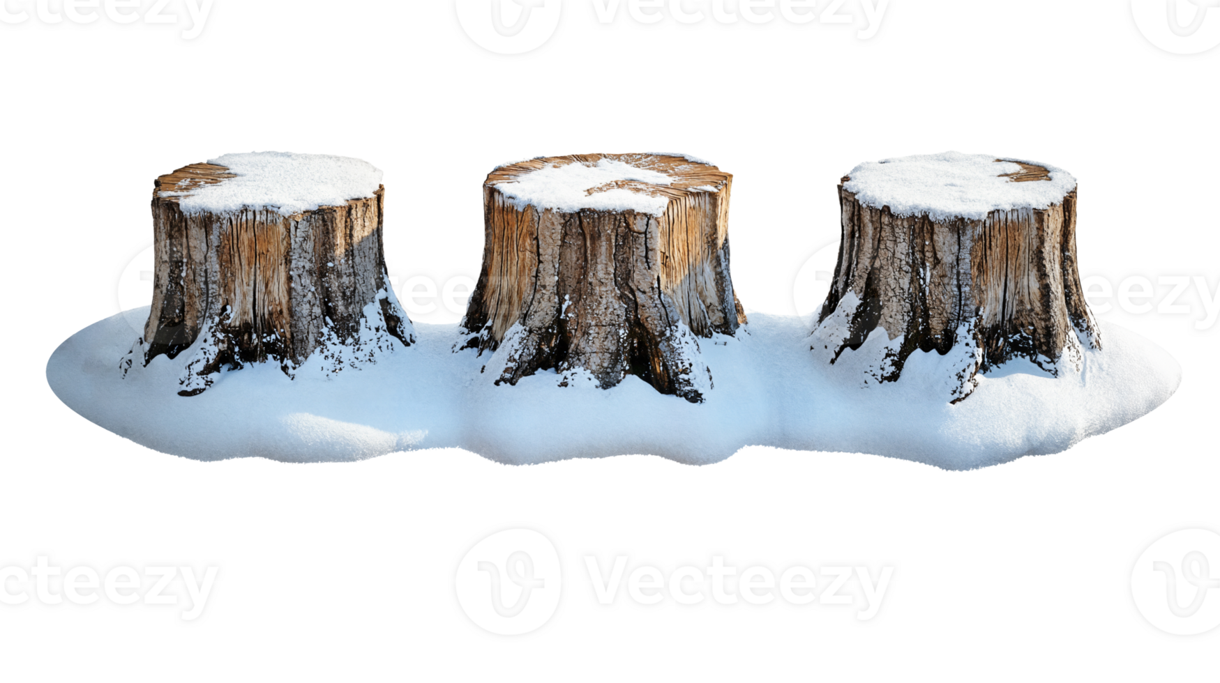 three snowy tree stumps isolated on transparent background. png