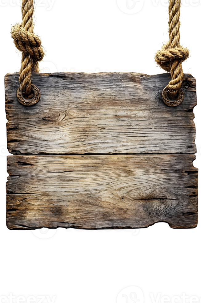 wooden sign hanging from rope, isolated on transparent background. png