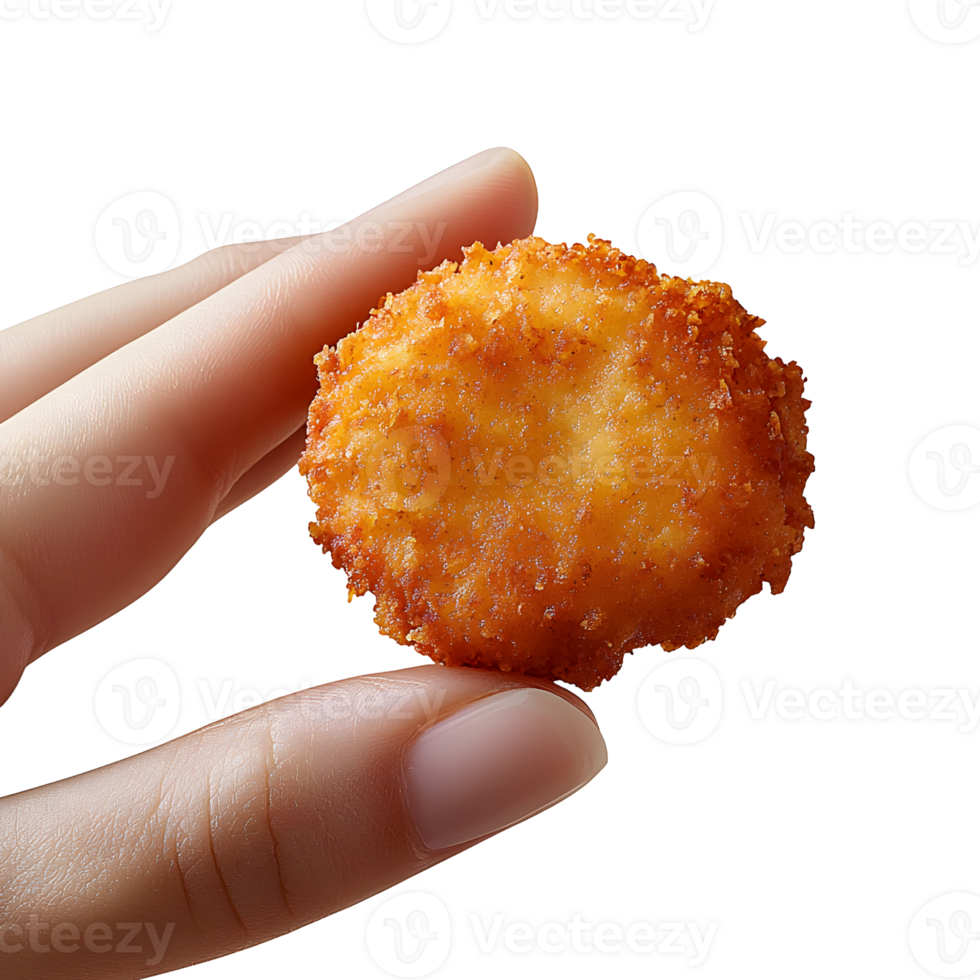 chicken nugget held by fingers on transparent background. png