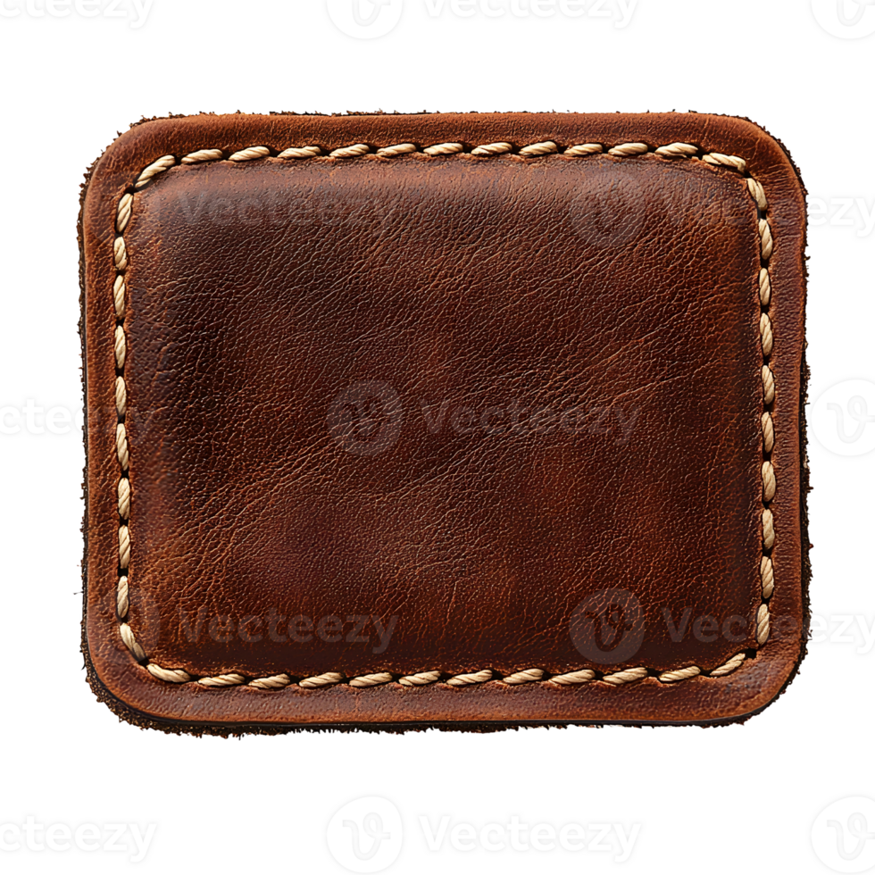 brown leather patch with stitched border on black. png