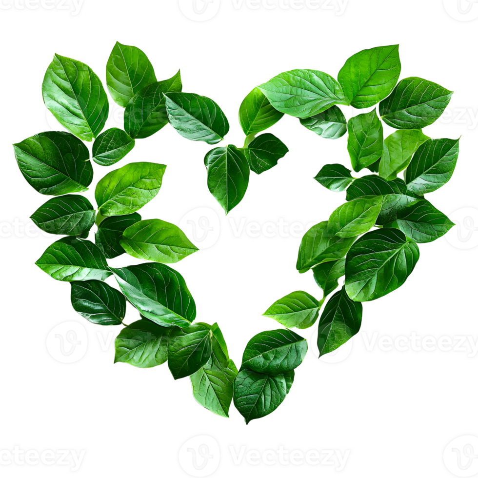 heart shape made of green leaves isolated on white background. png