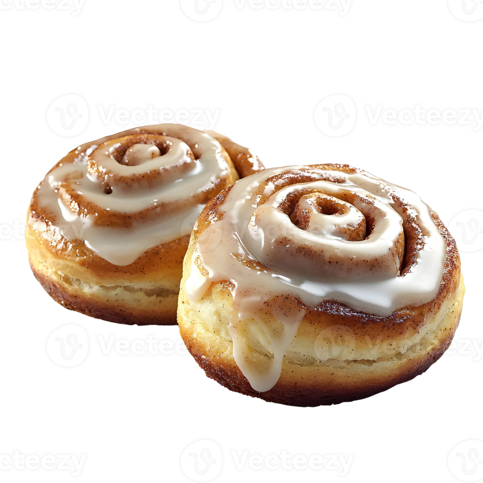 two cinnamon rolls with icing on white background png