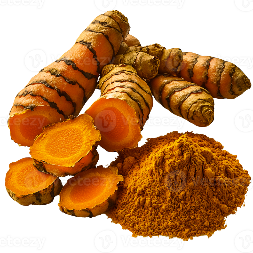 turmeric roots and powder isolated on white background. png