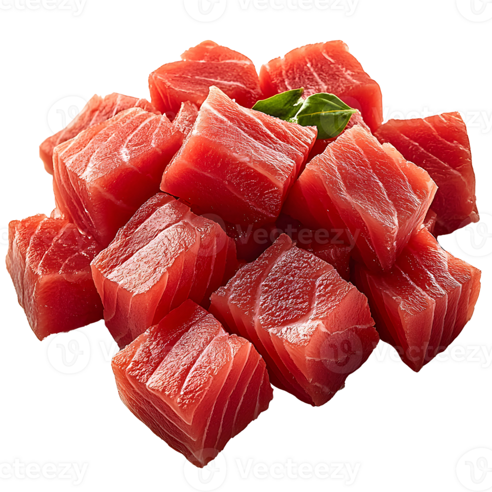 fresh tuna cubes stacked on white background png