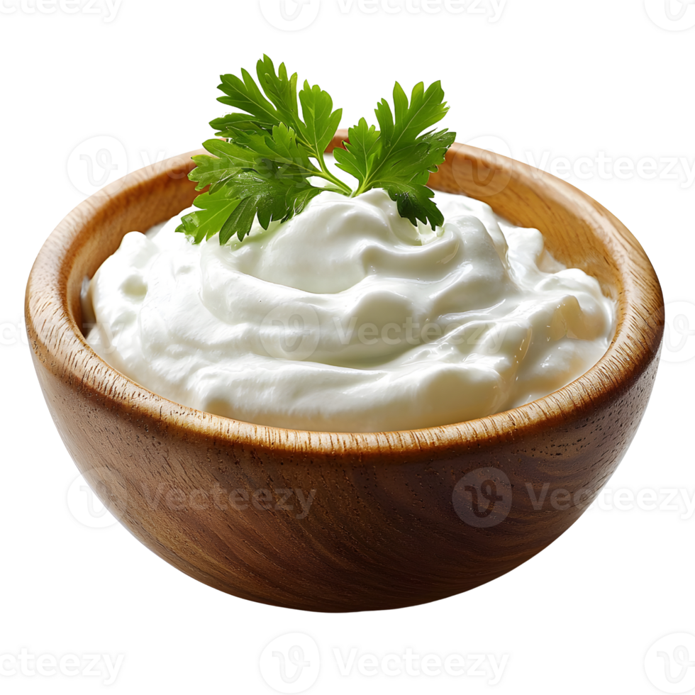 sour cream in wooden bowl with parsley on white background png