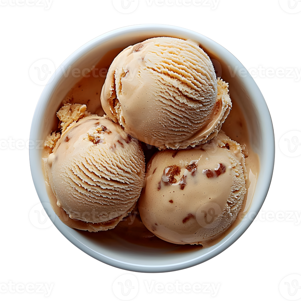 caramel ice cream scoops in white bowl, top view png