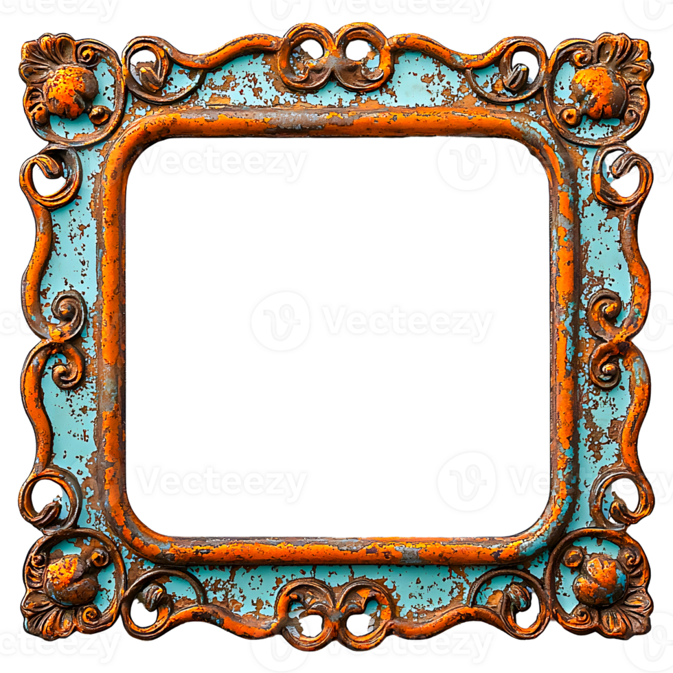 ornate frame with turquoise and rust, isolated on black png
