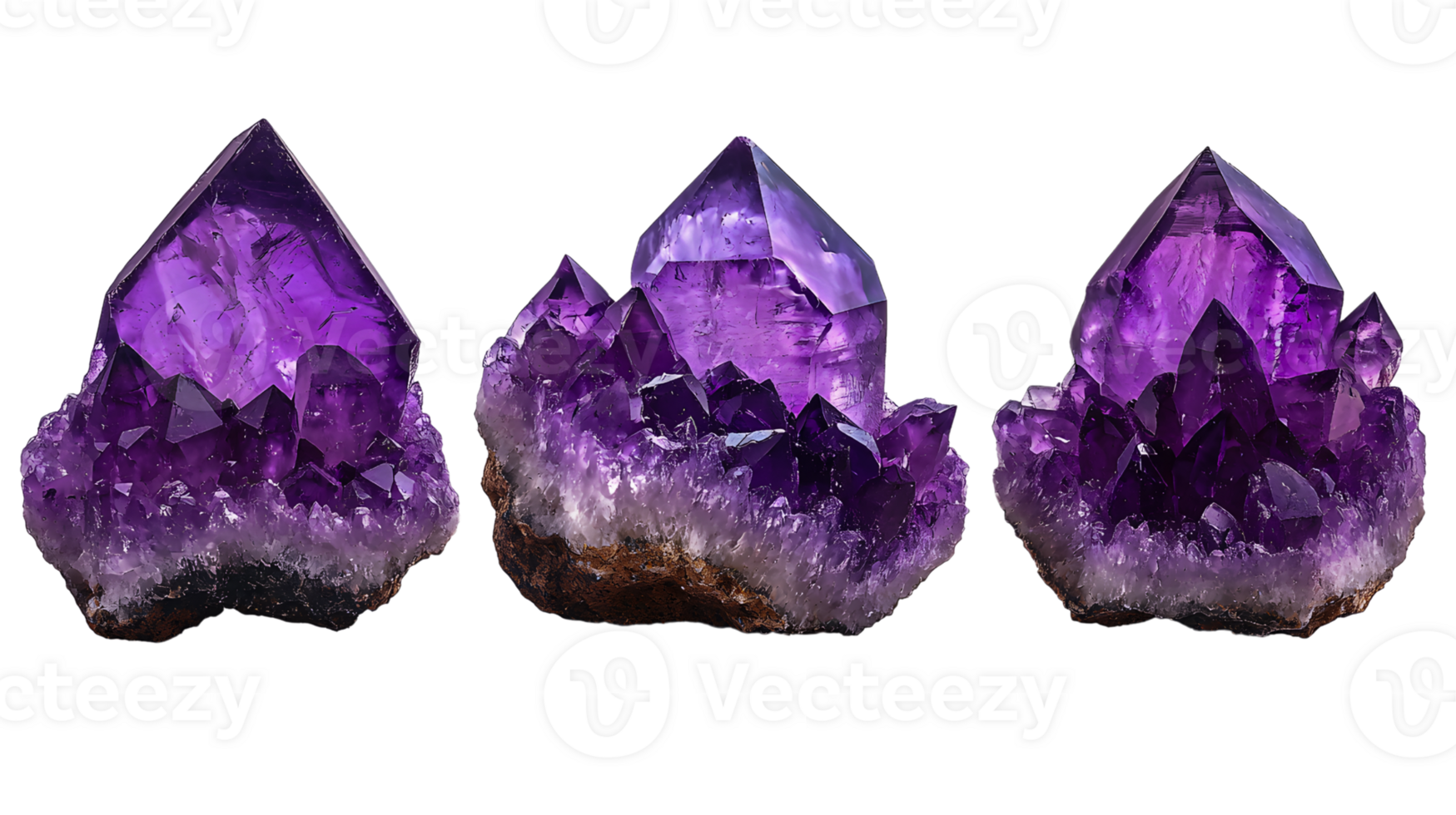 three amethyst clusters isolated on white background png