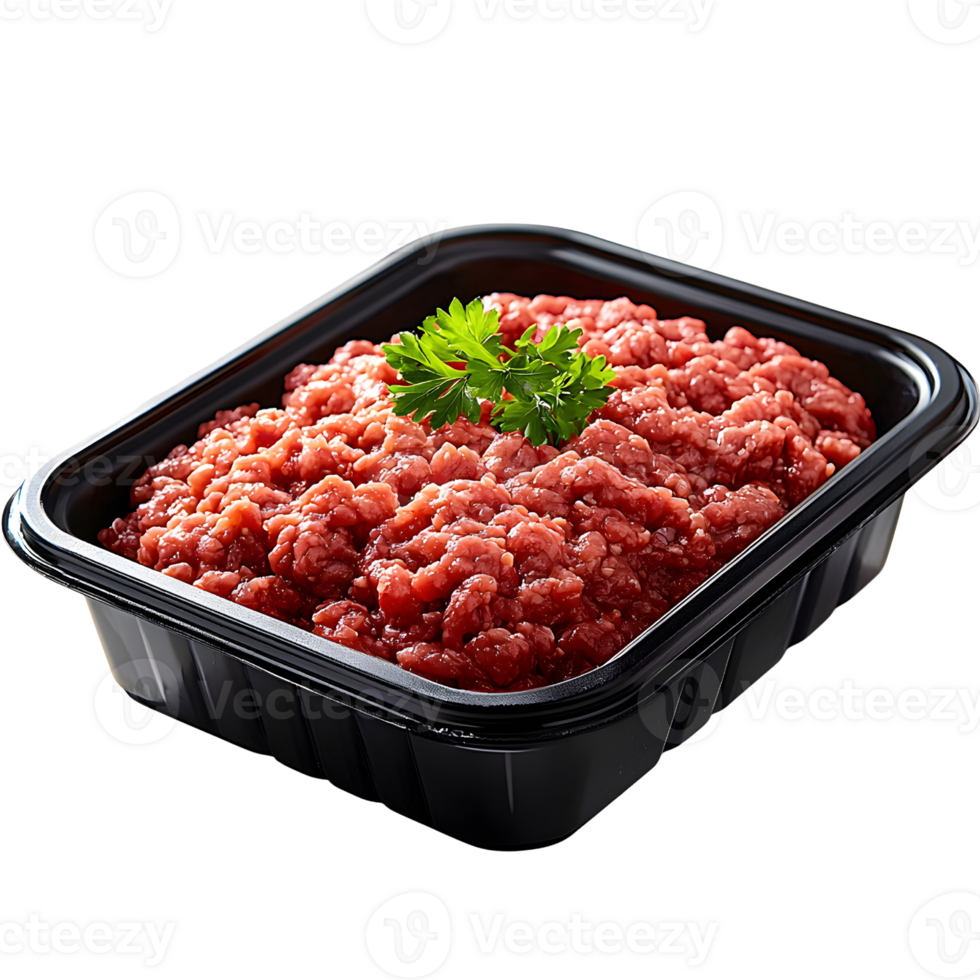 ground beef in black tray with parsley garnish png