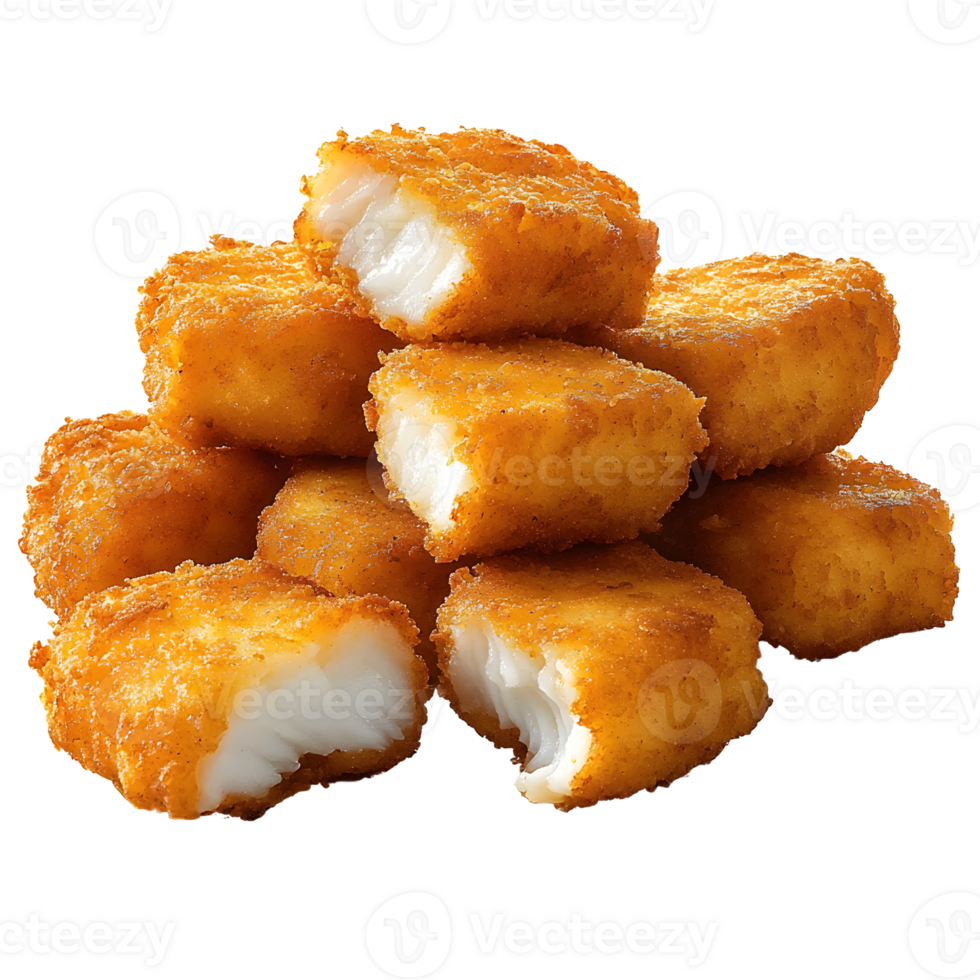 pile of golden fried fish nuggets isolated on black png