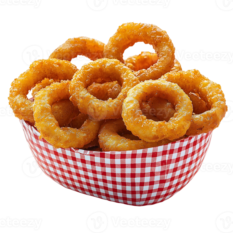 golden fried onion rings in red gingham container on white background png