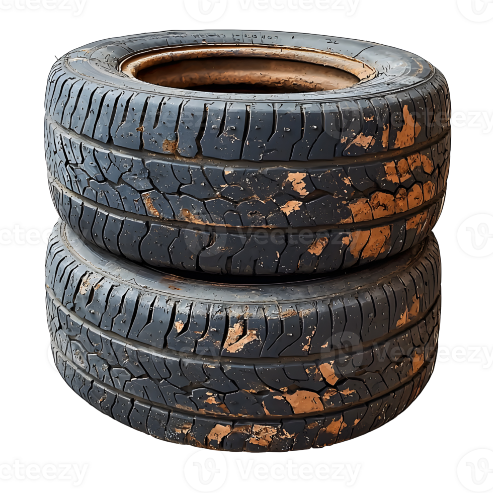 two muddy tires stacked on white background png