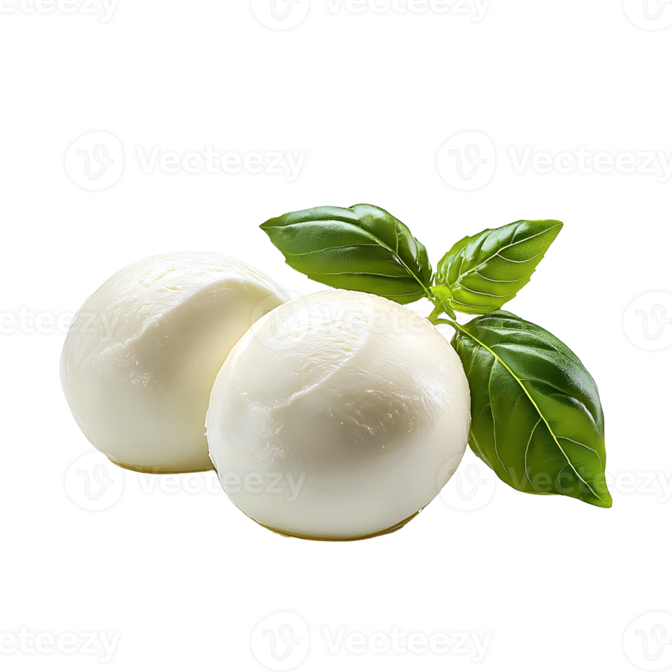 fresh mozzarella balls with basil leaves on white background png