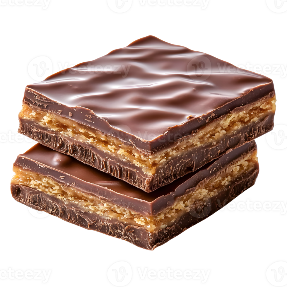 chocolate caramel squares stacked on white background png