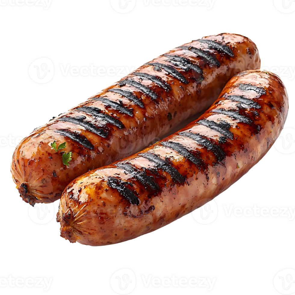 two grilled sausages on white background png