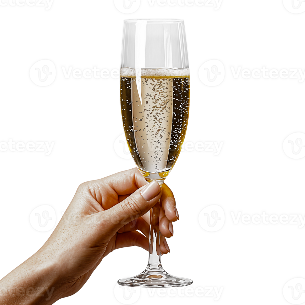 champagne glass held by hand on white background png