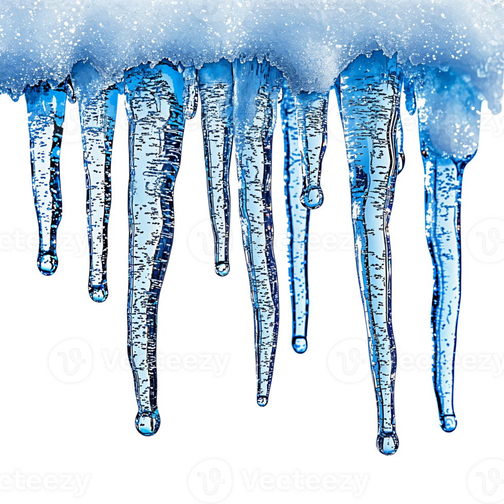 sparkling icicles hanging from snow on white background png