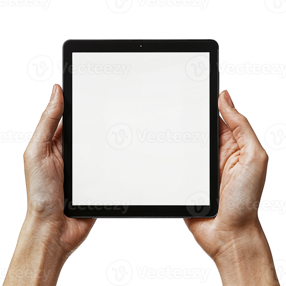tablet mockup held by hands on white background png
