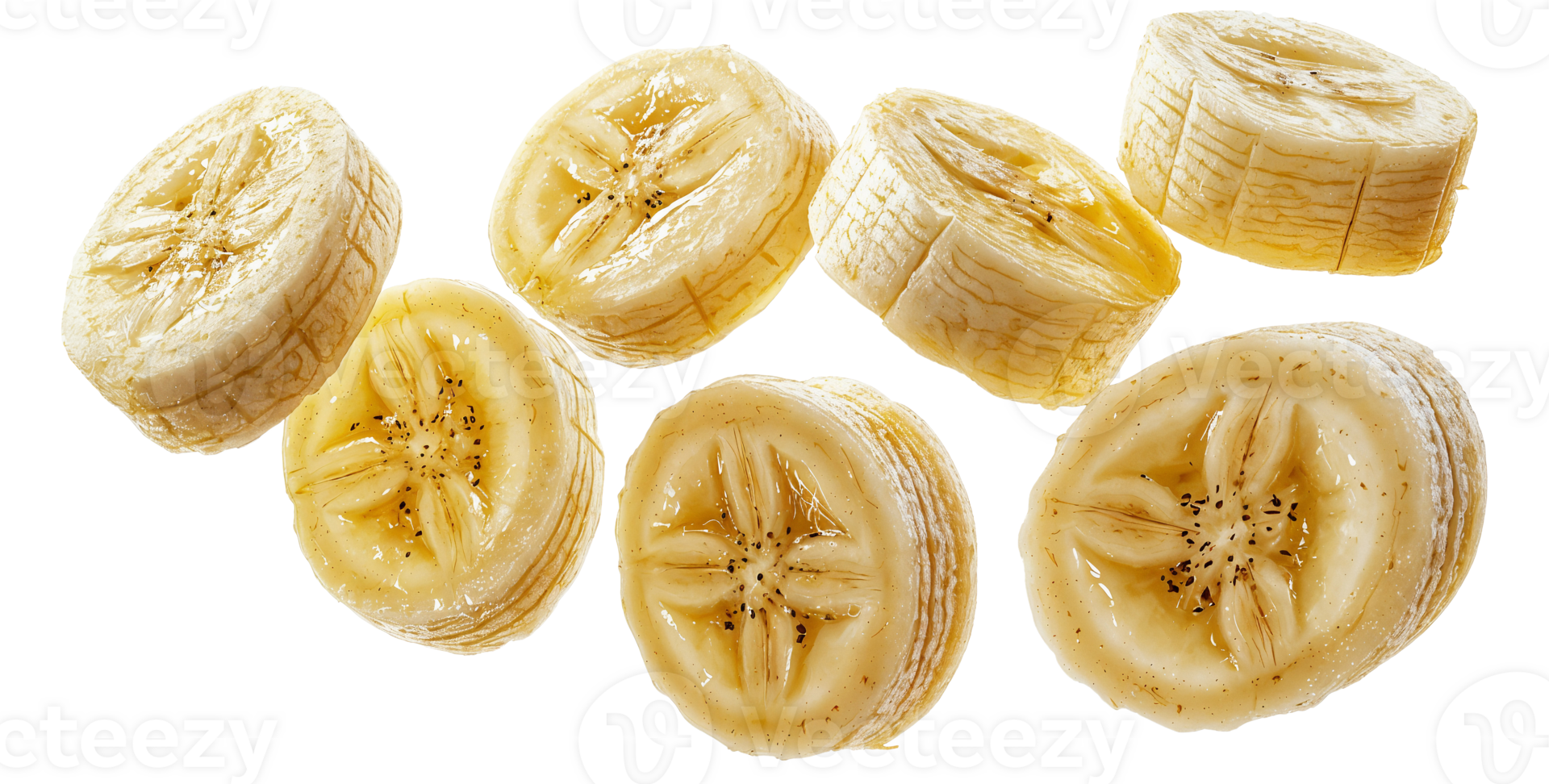 banana slices floating on white background png