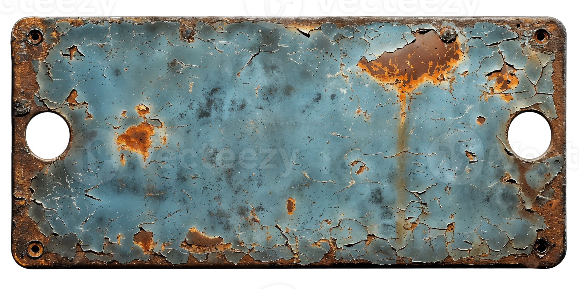 rusty metal panel with peeling blue paint on white background png