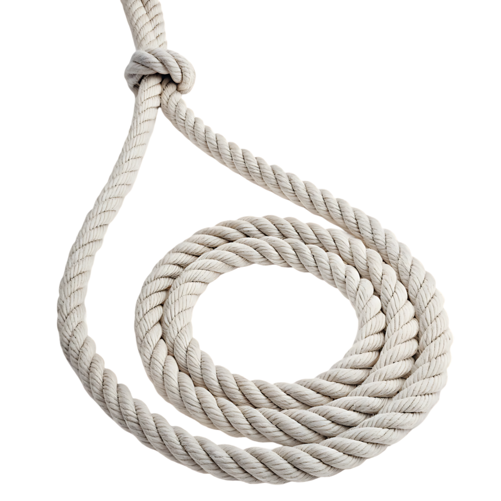Rope knotted in a loop against a plain background showcasing its texture and detail for crafting or nautical use. png