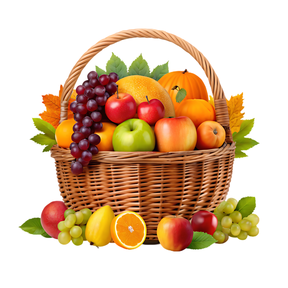 A wicker basket overflowing with fresh, colorful fruits. png