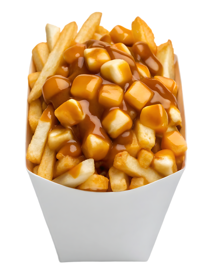 Delicious poutine with cheese curds and gravy png