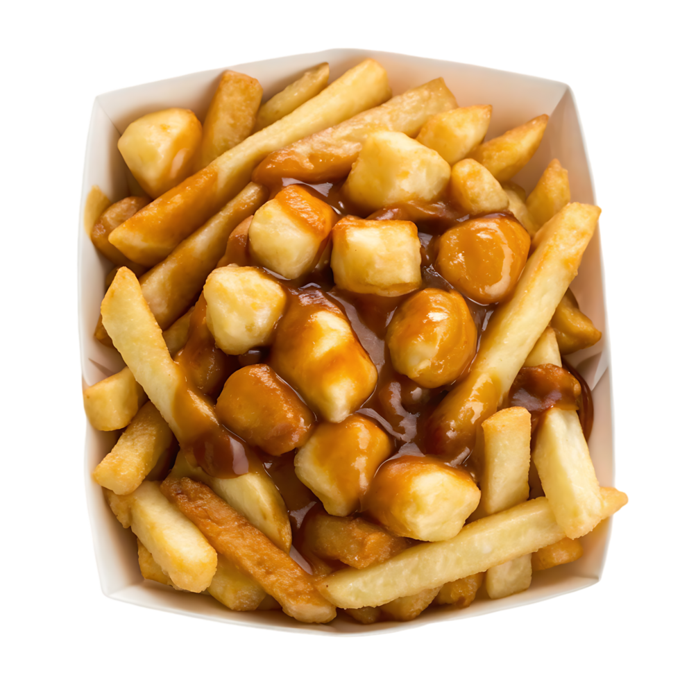 Overhead view of poutine in a white cardboard container. png