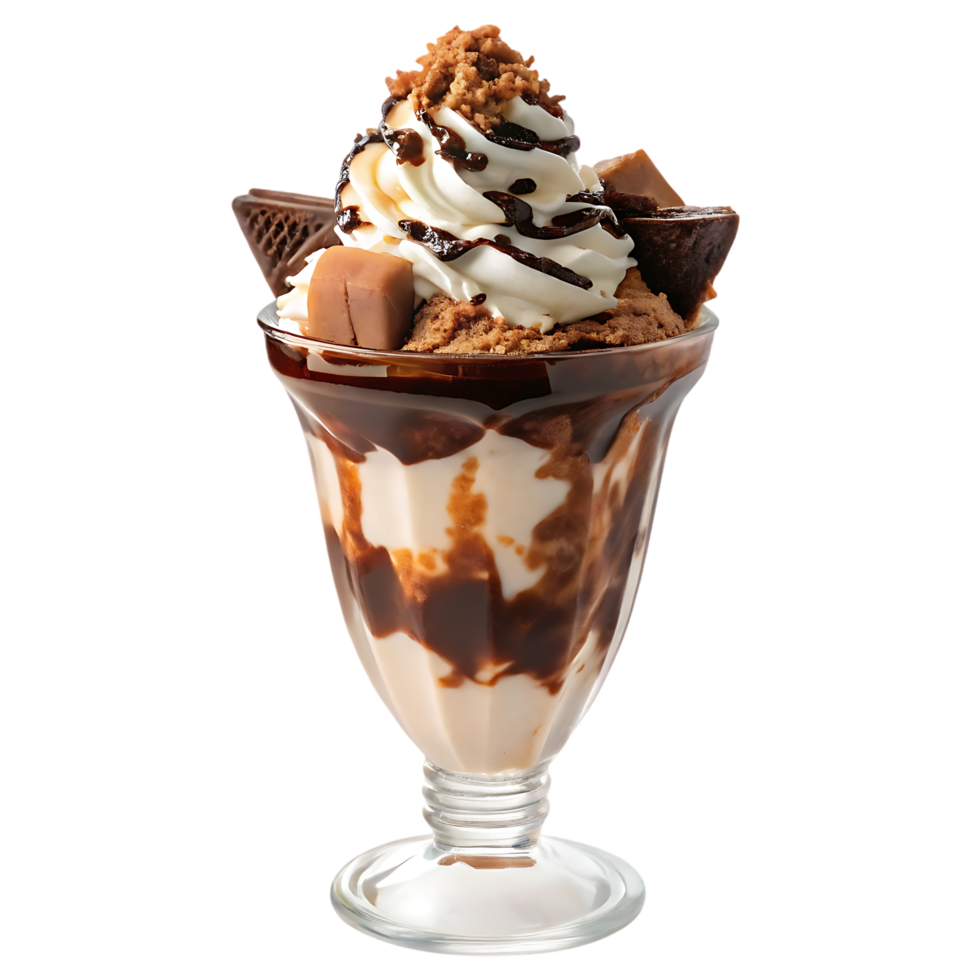 Delicious chocolate caramel sundae with whipped cream and cookie crumbles. png