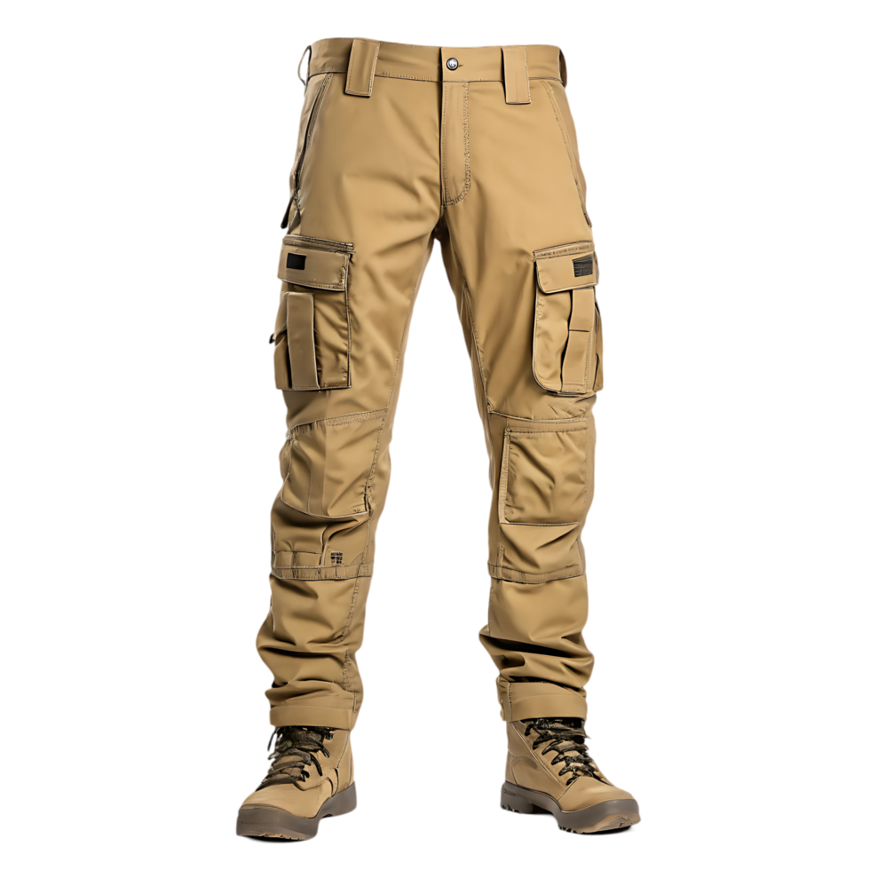 Beige cargo pants with multiple pockets png