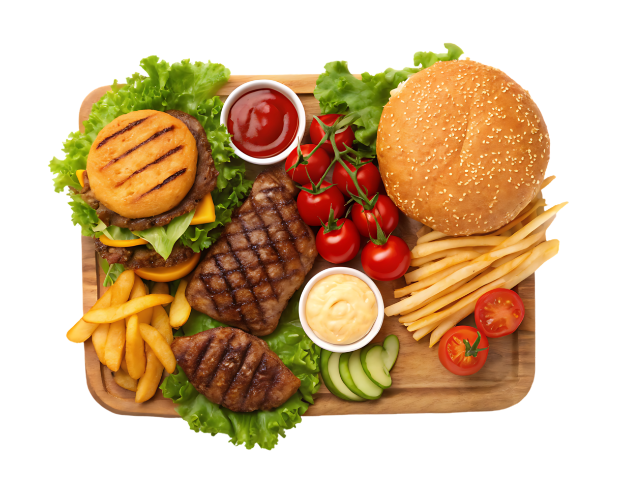 Delicious burger, steak, fries, and fresh vegetables. png