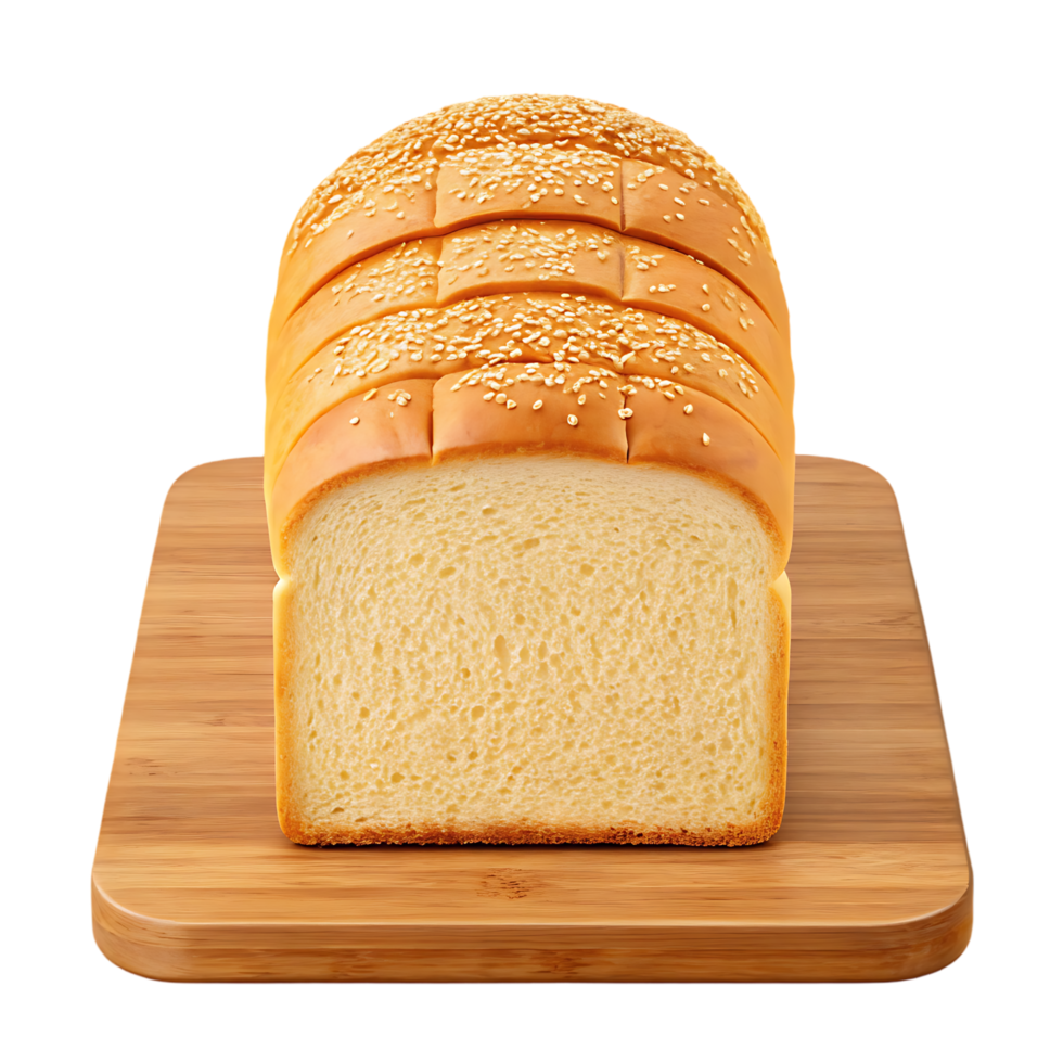 Sliced loaf of sesame bread on wooden board png