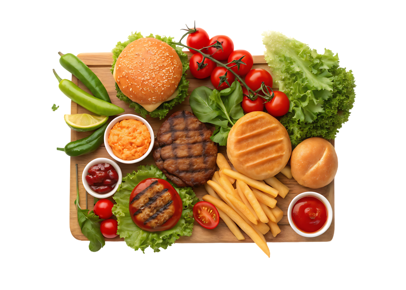 Delicious burger ingredients, patties, buns, fries, lettuce, tomato, and sauces. png