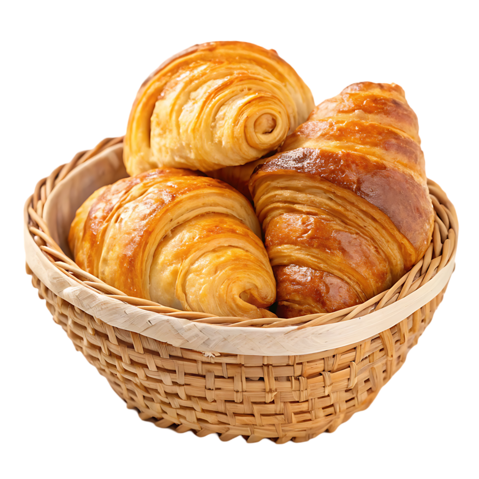 Three delicious golden croissants in a wicker basket. png