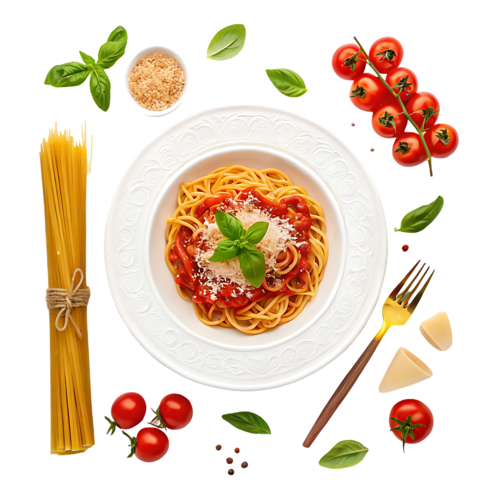 Delicious spaghetti with tomato sauce, cheese, and basil. png