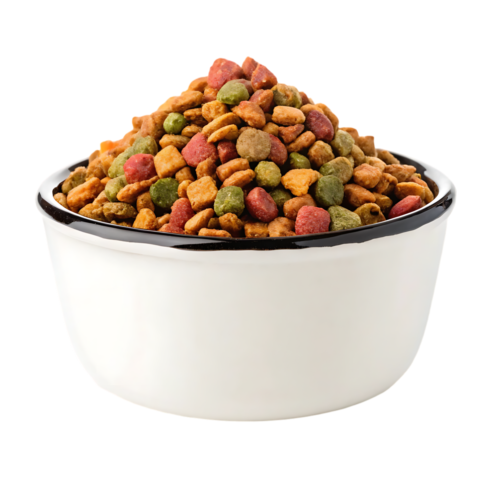 A bowl of colorful pet food kibble. png