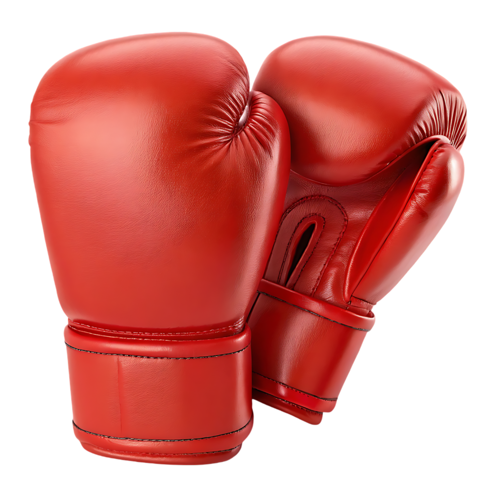 Pair of red leather boxing gloves, ready for a fight. png