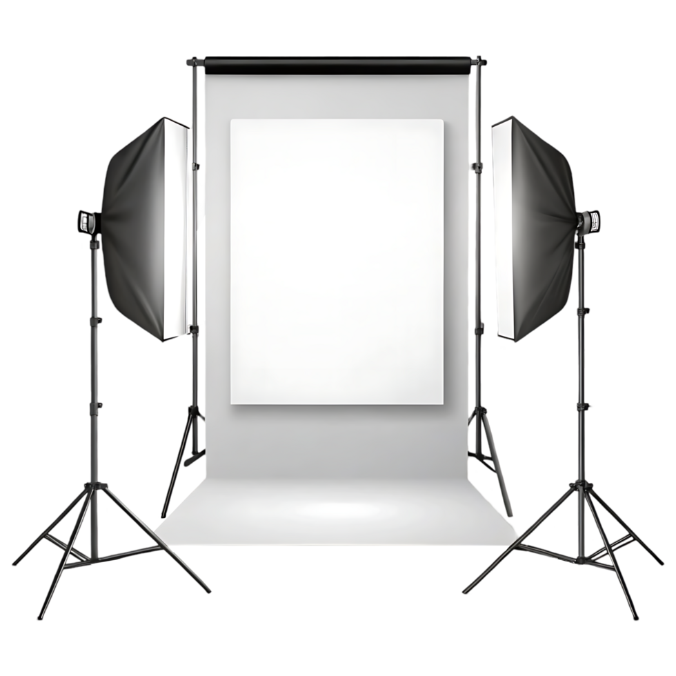 Studio setup for a professional photo shoot with lighting and backdrop in a controlled environment png