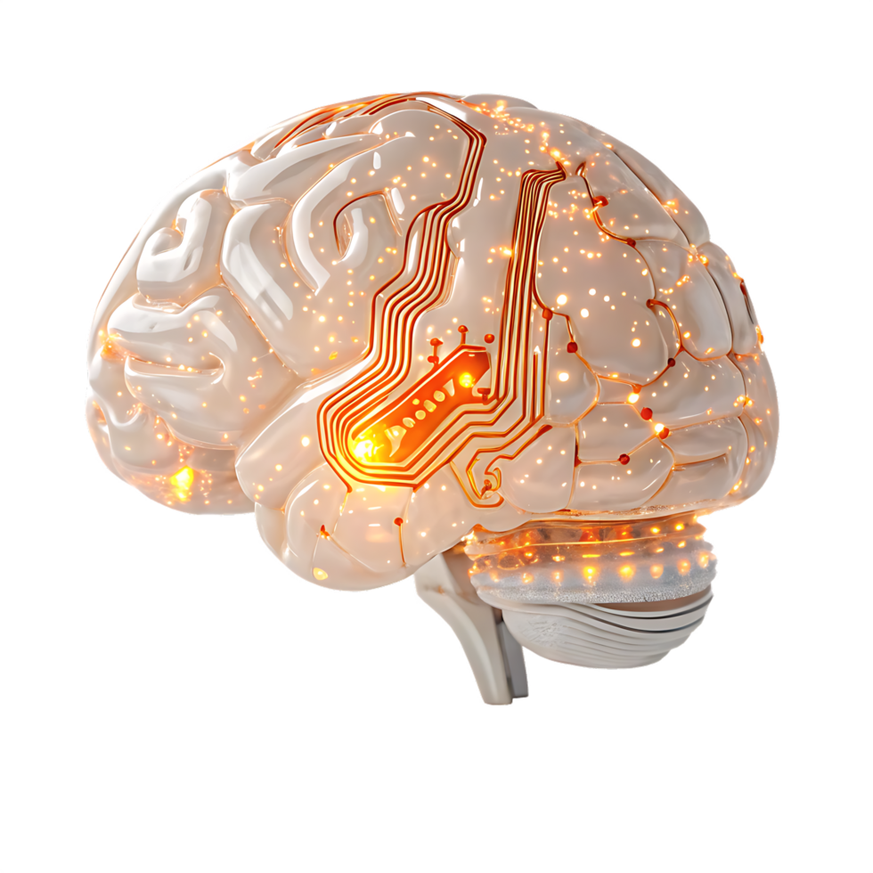 Human brain with circuit board overlay. AI, technology, and neuroscience concept. png